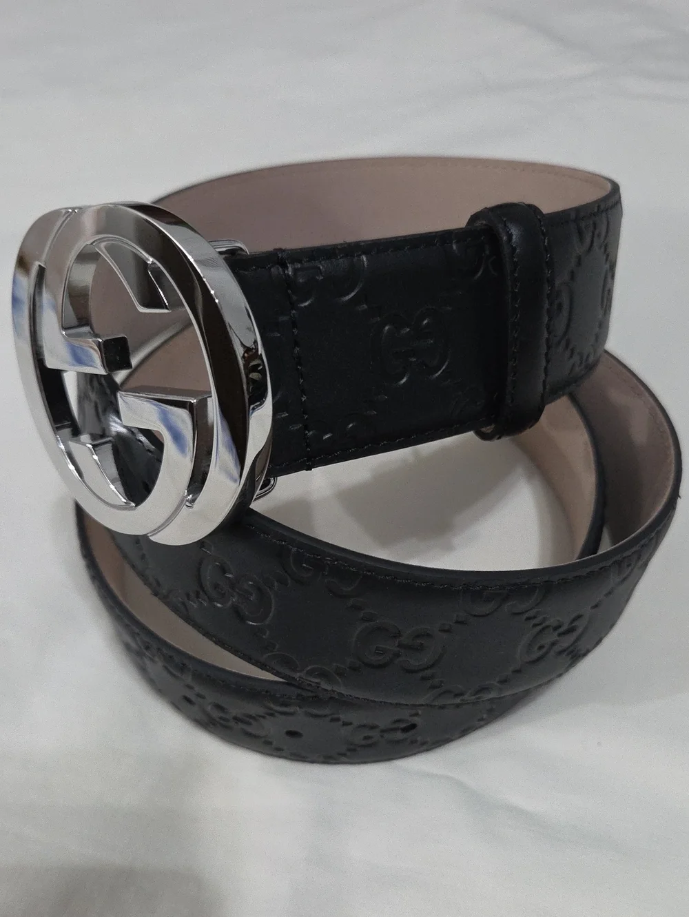Gucci Black Leather Monogram Belt Silver Double GG Buckle 95cm
